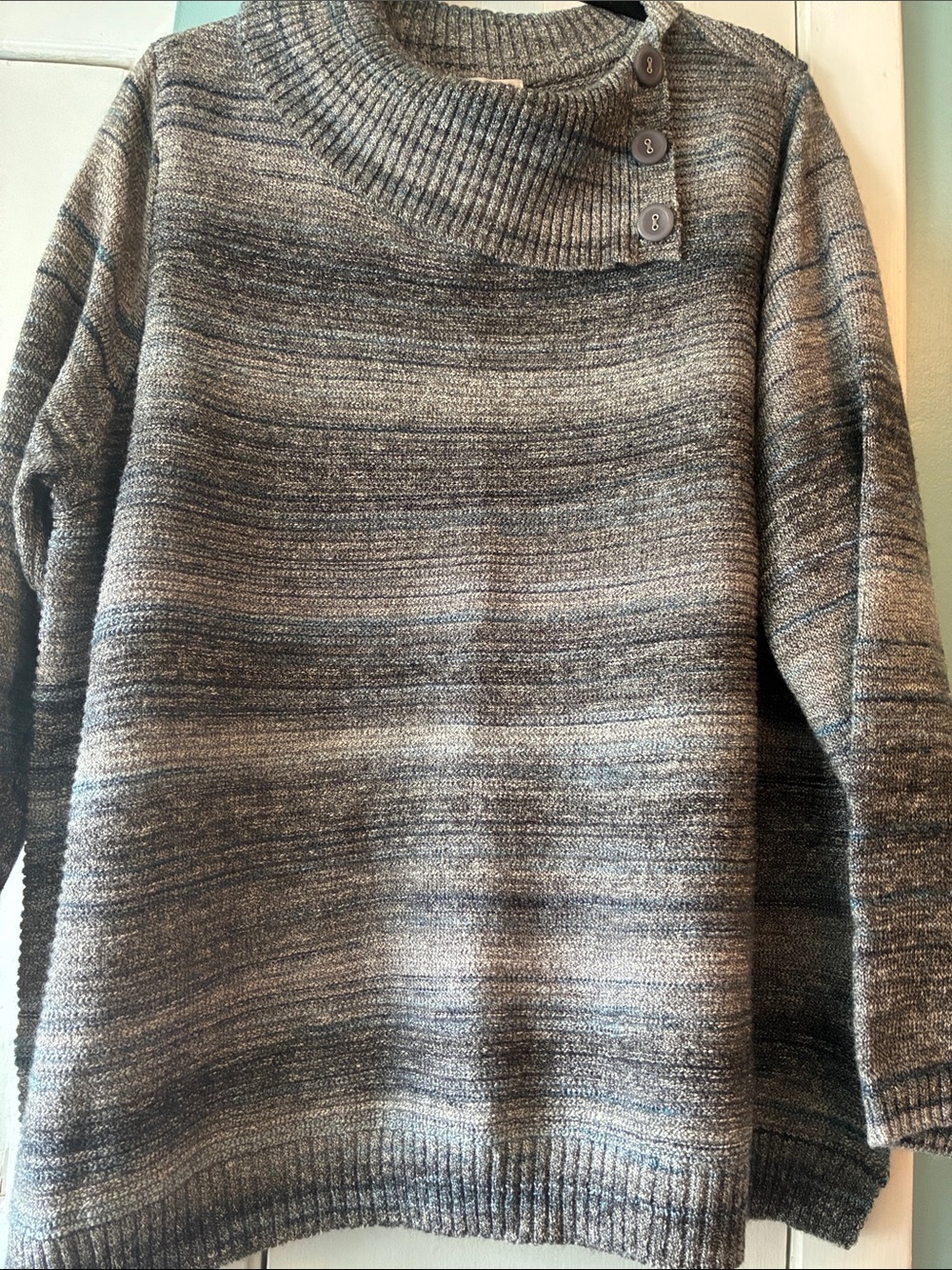 CJ Banks Heathered Gray Button Cowl Neck Sweater